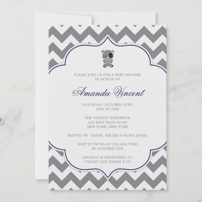 Gray Chevron Baby shower invitation avec Panda (Devant)