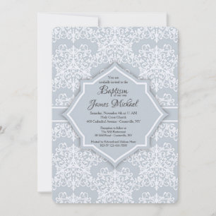 Gray Damask Baptême Invitation