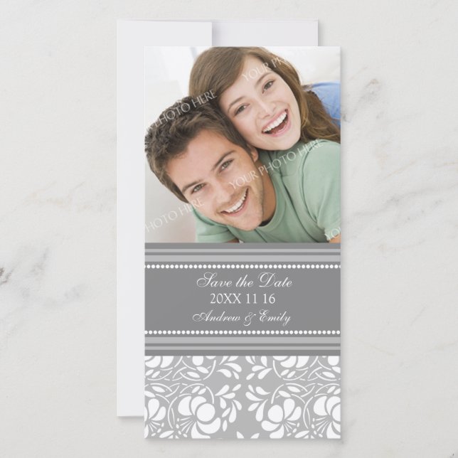 Gray Damask Enregistrer la date Mariage Cartes pho (Devant)