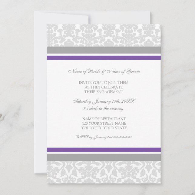 Gray Damask Photo Engagement Party Invitations (Devant)