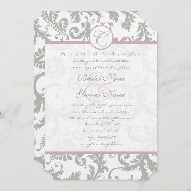 Gray Damask Sweet Lilac Mariage Invitations (Devant / Derrière)