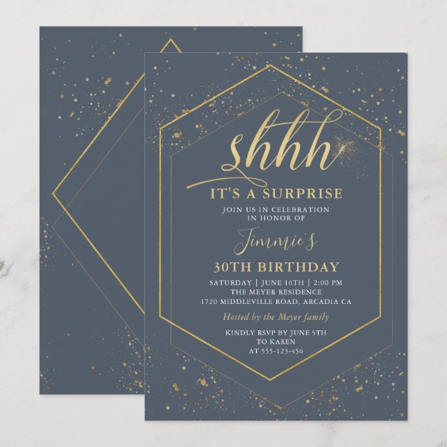 Gray Gray Gold Surprise Invitation d'anniversaire (Devant / Derrière)