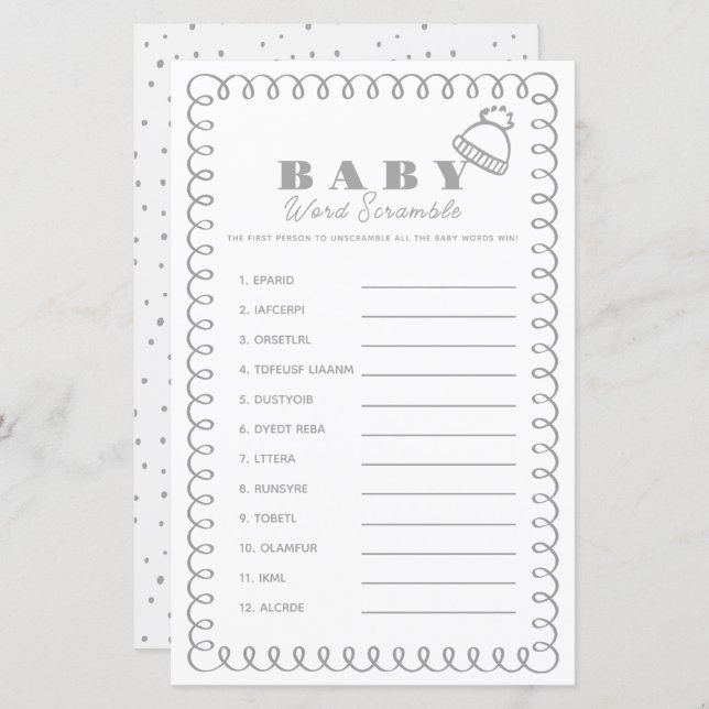 Gray Hand-Drawn Beanie Baby Word Scramble (Devant / Derrière)