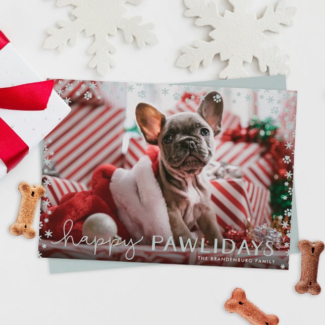 Gray Happy Pawlidays Pet Lover Carte photo de vaca (paw print snowflakes happy pawlidays Christmas holiday photo cards for pet parents)