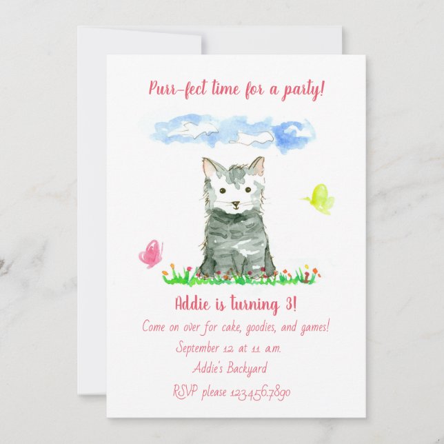 Gray Kitten Girl's Third Birthday Party Invitation (Devant)