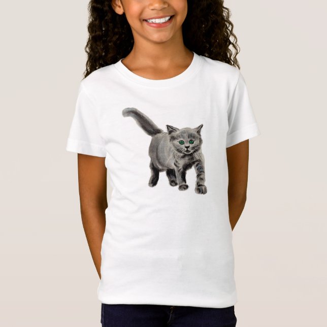 Gray Kitty Chat Kids Cute T-Shirt dessin au charbo (Devant)