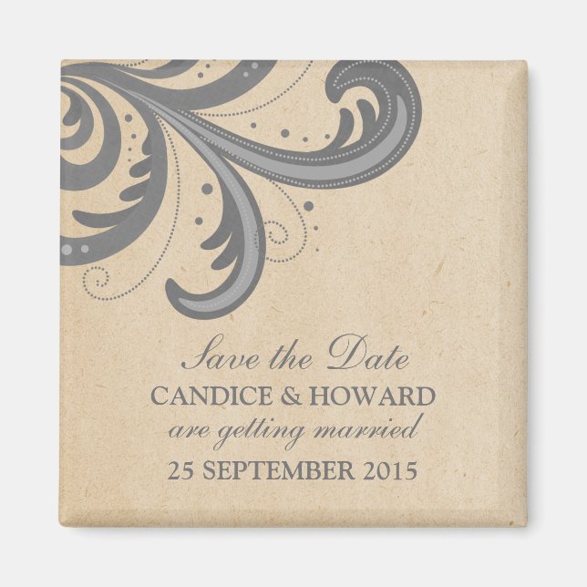 Gray Stylish Swirls Save the Date Magnet (Devant)