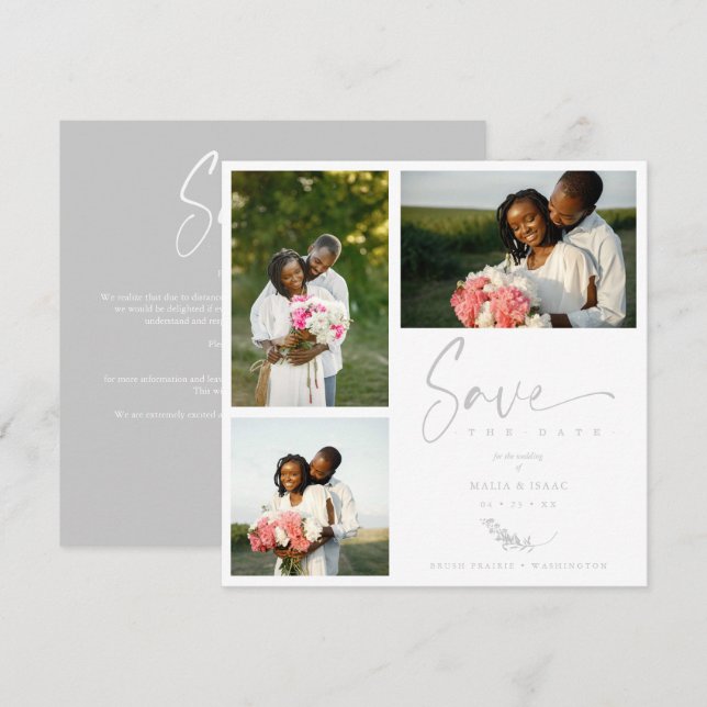 Gray Trendy Branches Wedding Save Date 3 Photos (Devant / Derrière)