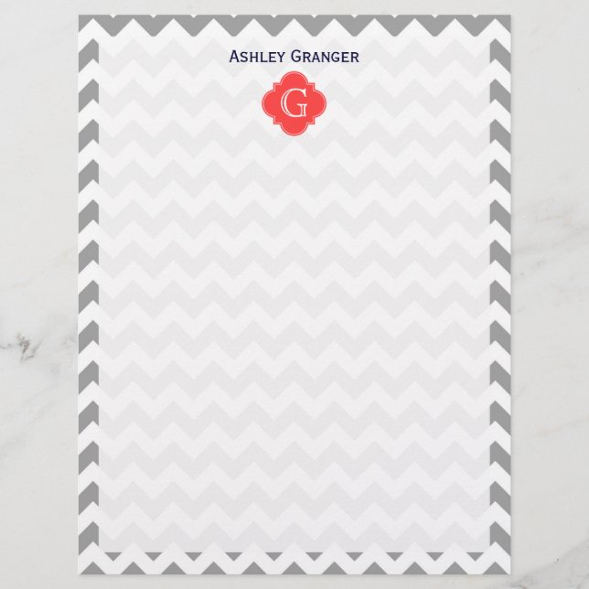Gray What Chevron Coral Red Quatrefoil Monogramme (Devant)
