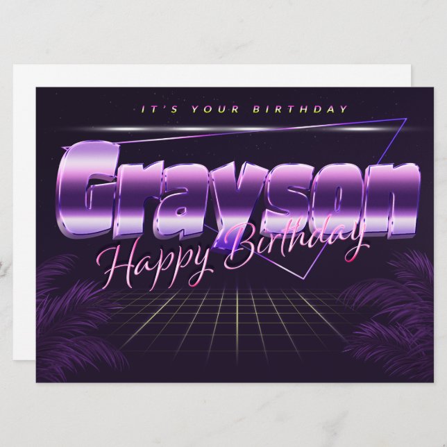 Grayson Nom Prénom lila retro Carte Anniversaire (Devant / Derrière)