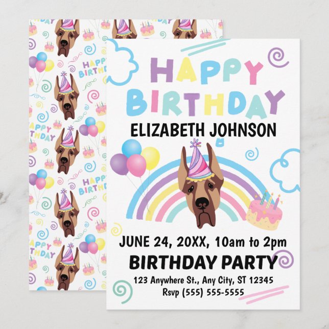 Great Dane Birthday Invitation (Devant / Derrière)