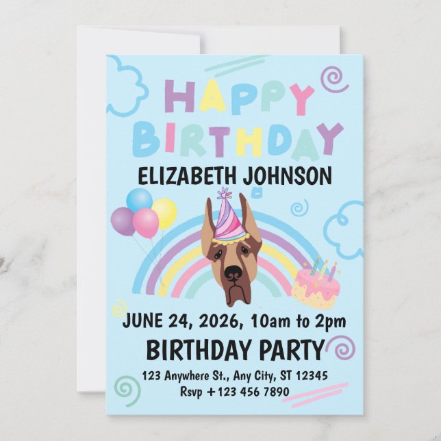 Great Dane Birthday Invitation in Blue (Devant)