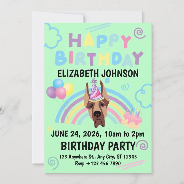 Great Dane Birthday Invitation in Green (Devant)