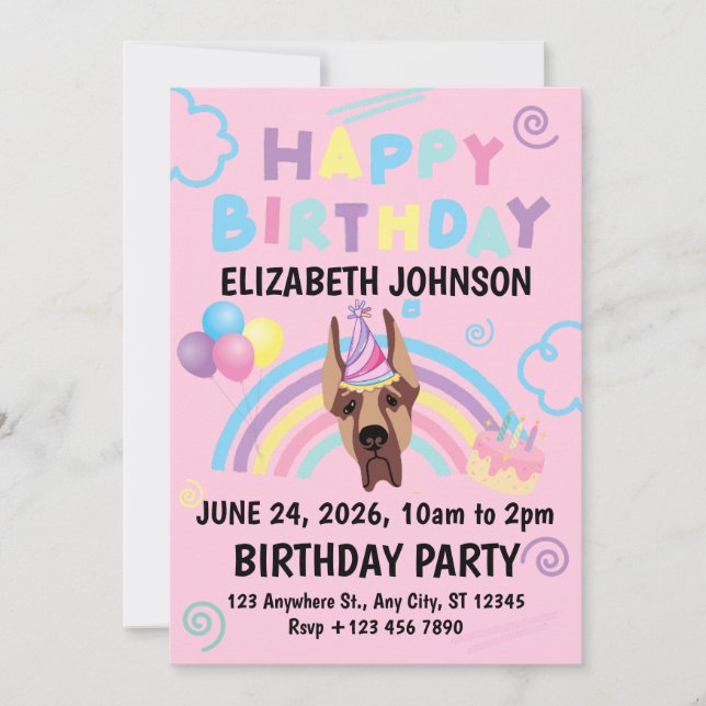 Great Dane Birthday Invitation in Pink (Devant)
