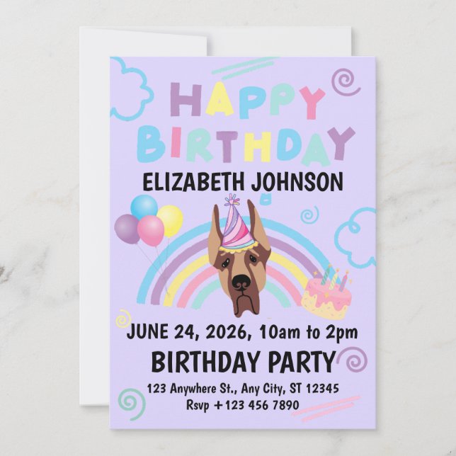 Great Dane Birthday Invitation in Purple (Devant)