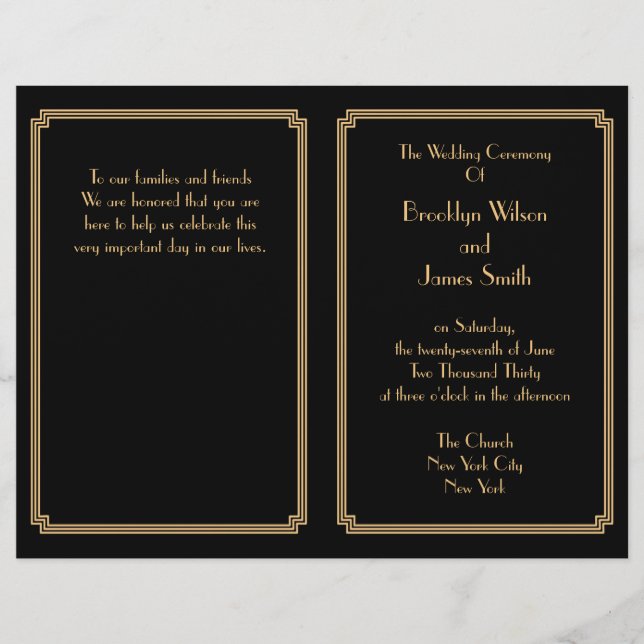 Great Gatsby Art Déco Black Gold Wedding Programme (Devant)