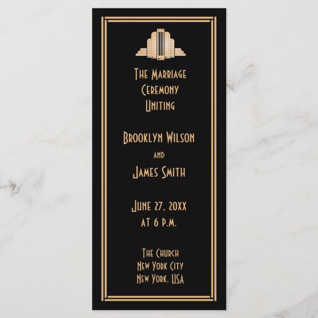 Great Gatsby Art Déco Gold Black Wedding Programme (Devant)