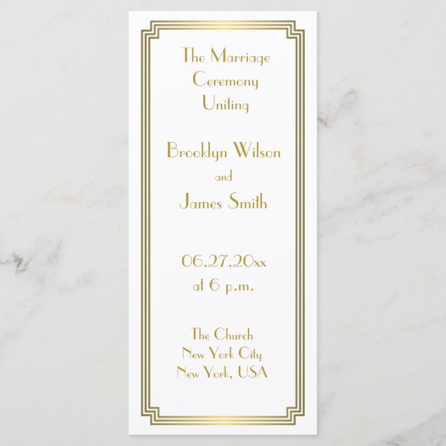 Great Gatsby Art Déco Gold White Wedding Programme (Devant)