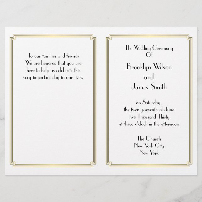 Great Gatsby Art Déco Gold White Wedding Programme (Devant)