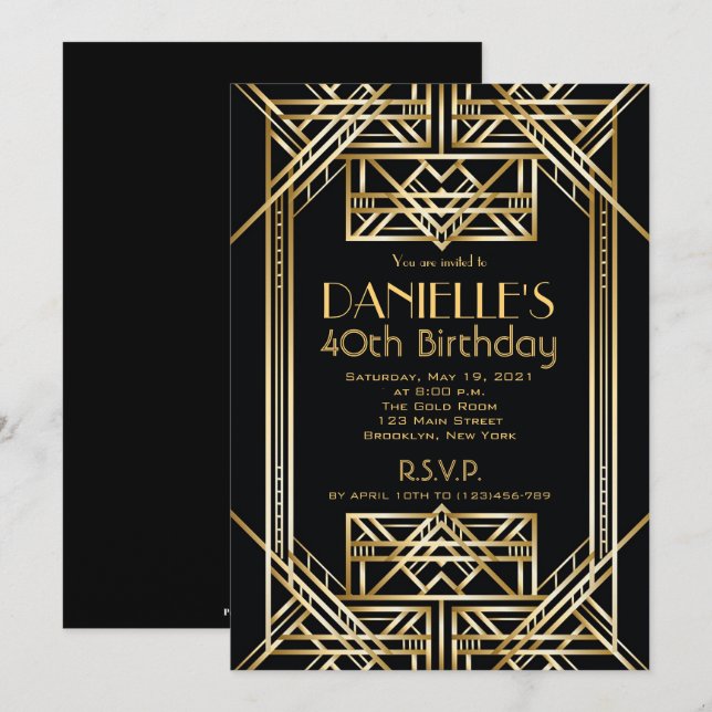Great Gatsby Inspiré Art Déco Invitation Anniversa (Devant / Derrière)