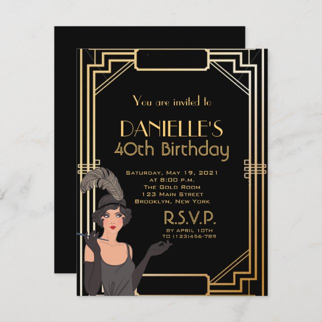 Great Gatsby Inspired Art Deco Birthday Invitation (Devant / Derrière)