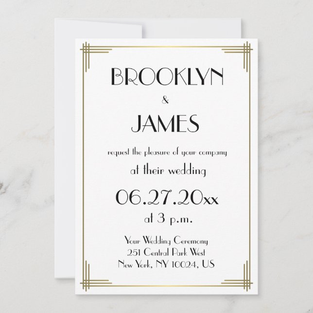 Great Gatsby White Art Déco Invitations de mariage (Devant)