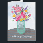 Great Grandma Birthday Blessings Jar Vase Flowers<br><div class="desc">Send your Great Grandma blessings not just on her birthday but throughout the year. Pretty watercolor-looking flowers in a mason jar vase are set on a striped tablecloth. Perfect religious birthday card for your Great Grandma.</div>