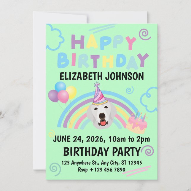 Great Pyrenees Birthday Invitation Green (Devant)
