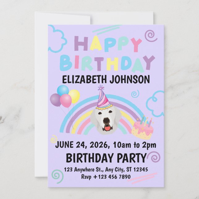 Great Pyrenees Birthday Invitation Purple (Devant)