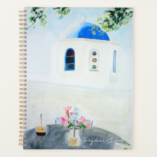 Grèce bleu église encre et aquarelle