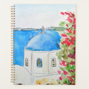 Grèce bleu église encre et aquarelle