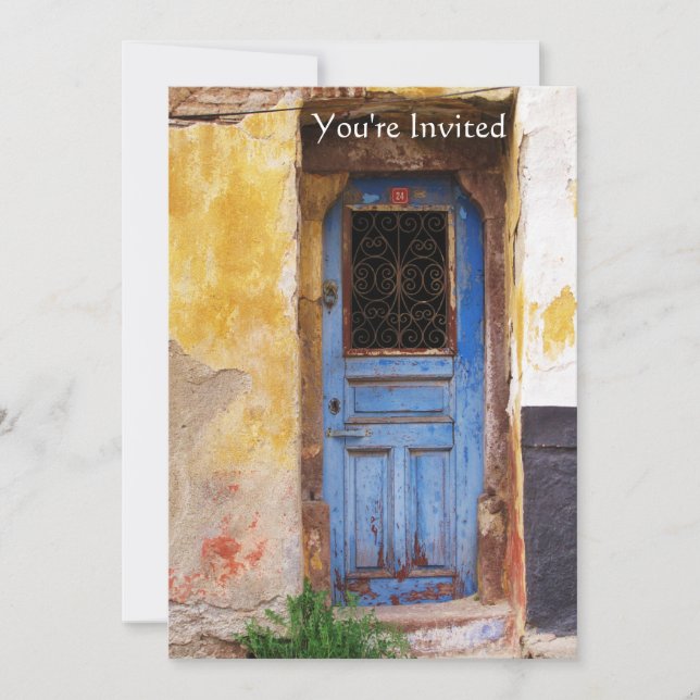 Grèce grecque Porte bleue Pays Invitation rustique (Devant)