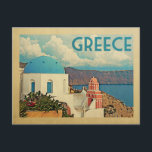 Grèce Vintage voyage de carte postale Santorini<br><div class="desc">Design grec de style Vintage voyage avec une scène classique avec une église à dôme bleu et la Méditerranée.</div>