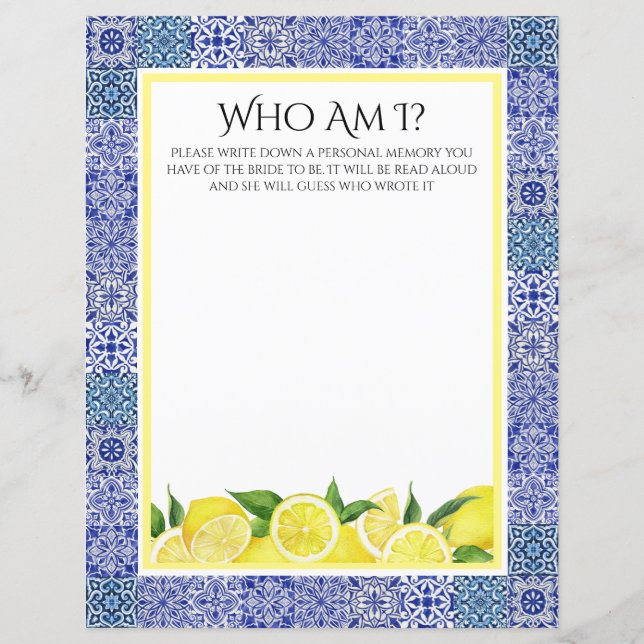 Grecian Blue et citron "Who Am I" jeu de douche (Devant)