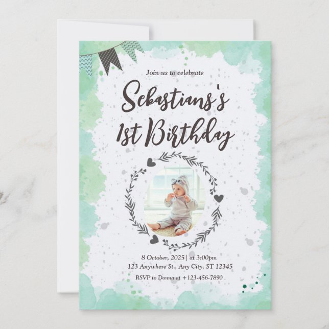 Green 1er Anniversaire Invitation (Devant)
