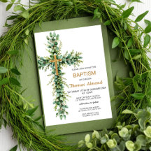 Green and Eucalypt Boys Gold Baptism Invitation