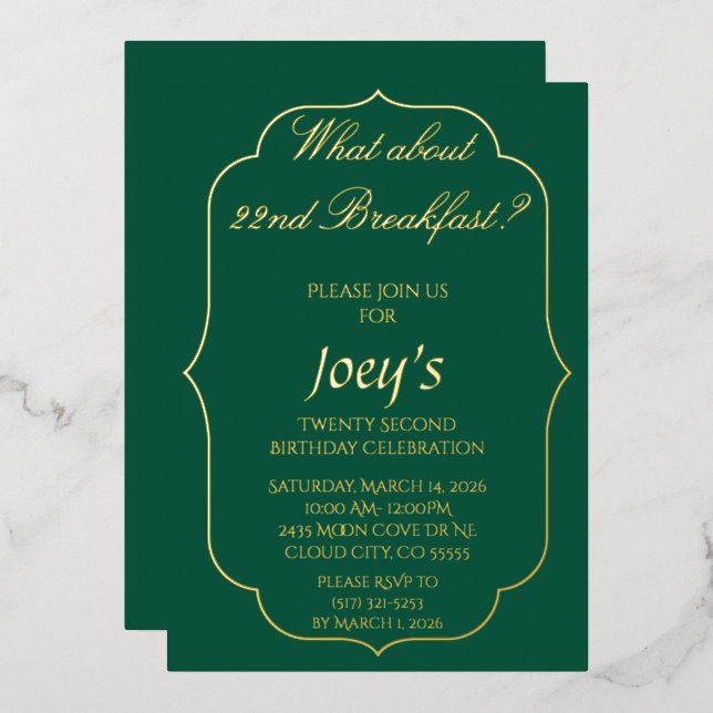 Green and Gold Breakfast Birthday Invitations (Recto/Verso)
