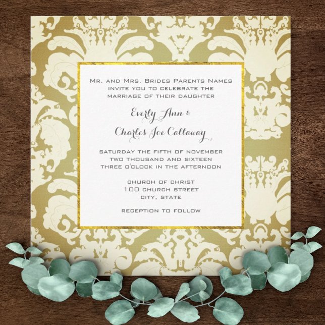 Green and Gold Damask Wedding Invitations (Créateur téléchargé)