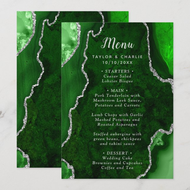 Green and Silver Agate Wedding Menu (Devant / Derrière)