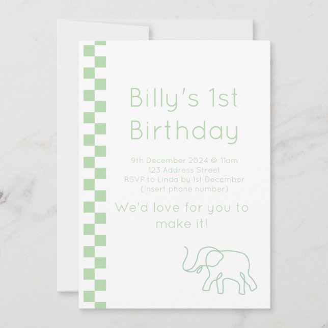 Green Baby Elephant Invitation d'anniversaire (Devant)