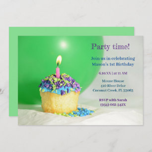 Green Balloon bleu cupcake Invitation Anniversaire