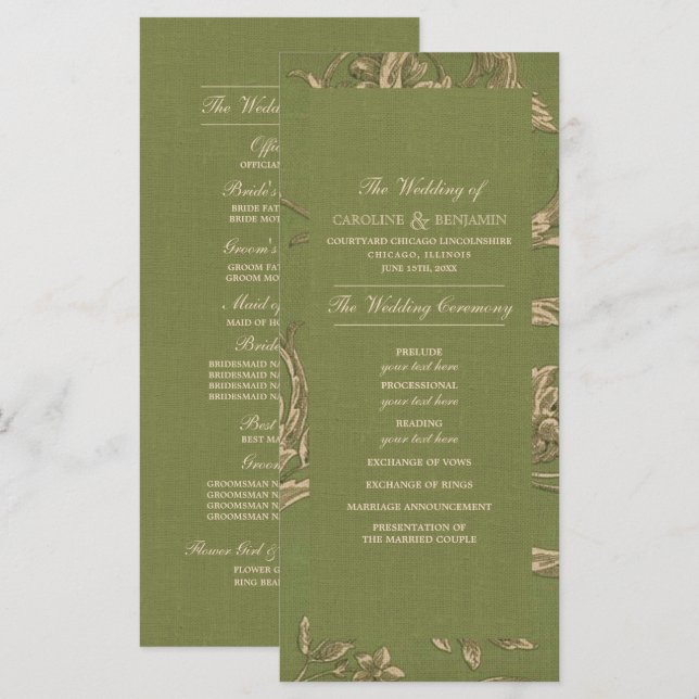 Green Beige Vintage Motif Programmes de mariage (Devant / Derrière)
