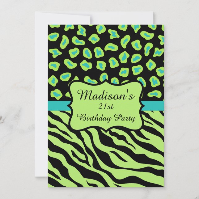 Green Blac Zebra Leopard Invitation 21e anniversai (Devant)