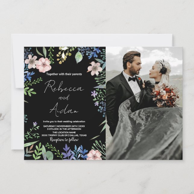 Green Black Floral Wedding Invitations avec photo (Devant)