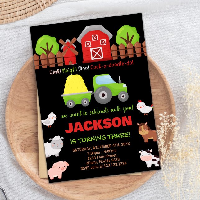 Green Black Red Farm Animaux Invitations Anniversa (Green Black Red Farm Animals Birthday Invitations)