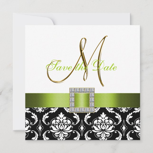 Green Black White Damask Enregistrer la carte Date (Devant)
