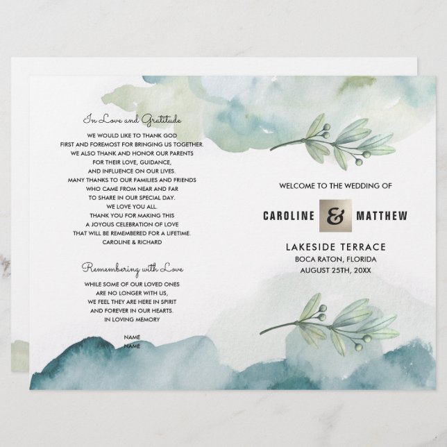 Green Blue Berry Branch Watercolor Wedding Program (Devant / Derrière)