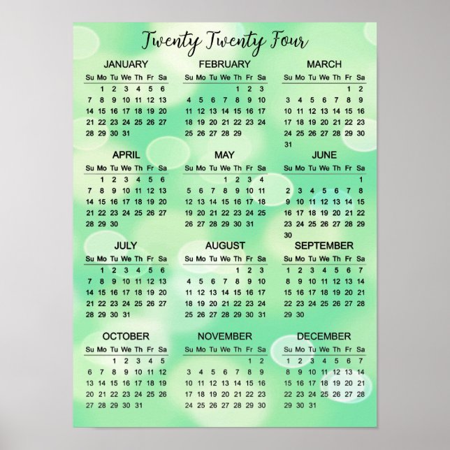 Green Bokeh Résumé Design 2024 Calendrier Poster (Devant)