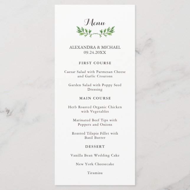 Green Botanical Feuille Menu Mariage (Devant)