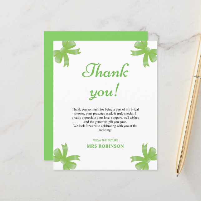 Green Bow Bridal Shower Thank You Card (Devant/Arrière en situation)